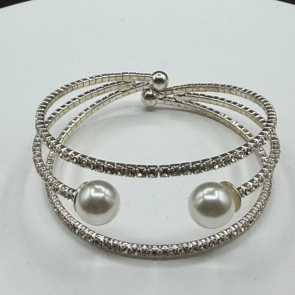 Clear Rhinestone Faux Pearl Silver Tone Triple Row Cuff Wrap Bracelet Bridal